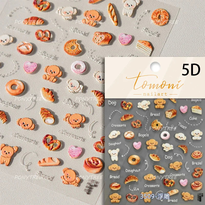 Toast Butter Brioche Bread Dim Sum Cookie Cherry Pudding Food Fork Doughnut Relief Adhesive Nail Art Stickers Manicure Decals (ONLINE ORDER ONLY)