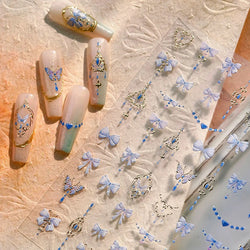 Retro Blue Bowknot Butterfly Love Heart Pendent Hot Stamping Gold Silver Adhesive Nail Art Stickers Manicure Decals Wholesale (Online Order Only)