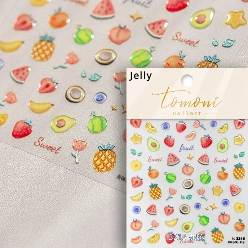 Colorful Food Pudding Alkali Water Bowknot Cream Fork Cup Bread Jelly Fruit Cartoon Cake Relief Nail Art Sticker Manicure Decals (ONLINE ORDER ONLY)