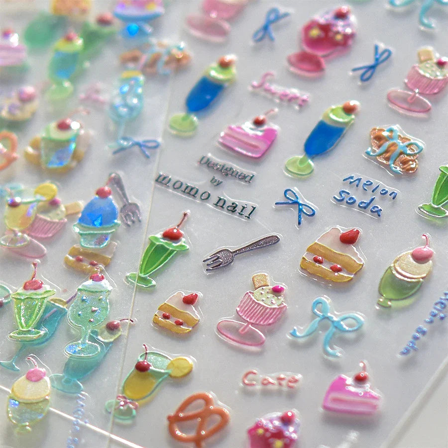 Colorful Food Pudding Alkali Water Bowknot Cream Fork Cup Bread Jelly Fruit Cartoon Cake Relief Nail Art Sticker Manicure Decals (ONLINE ORDER ONLY)