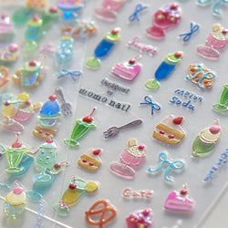 Colorful Food Pudding Alkali Water Bowknot Cream Fork Cup Bread Jelly Fruit Cartoon Cake Relief Nail Art Sticker Manicure Decals (ONLINE ORDER ONLY)