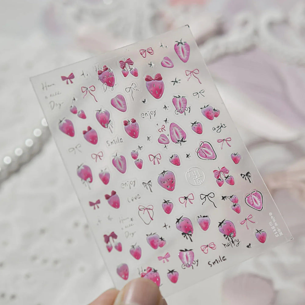 Cute Pink Tempting Strawberries Attractive Fruit Cutting Line Bowknot Star Silver Stamping Chic Nail Art Stickers Manicure Decal (ONLINE ORDER ONLY)