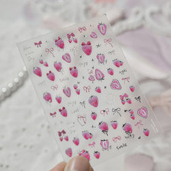 Cute Pink Tempting Strawberries Attractive Fruit Cutting Line Bowknot Star Silver Stamping Chic Nail Art Stickers Manicure Decal (ONLINE ORDER ONLY)