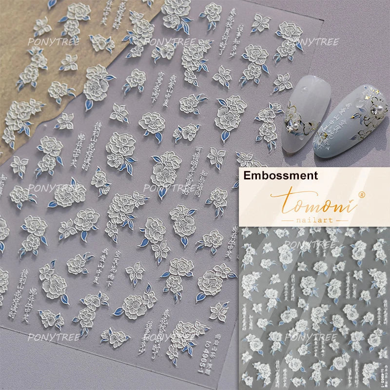 European Garden Angel Wing White Rose Flower Bed Vase Lace Bowknot Statue Adhesive Nail Art Decoration Sticker Manicure Decals (ONLINE ORDER ONLY)