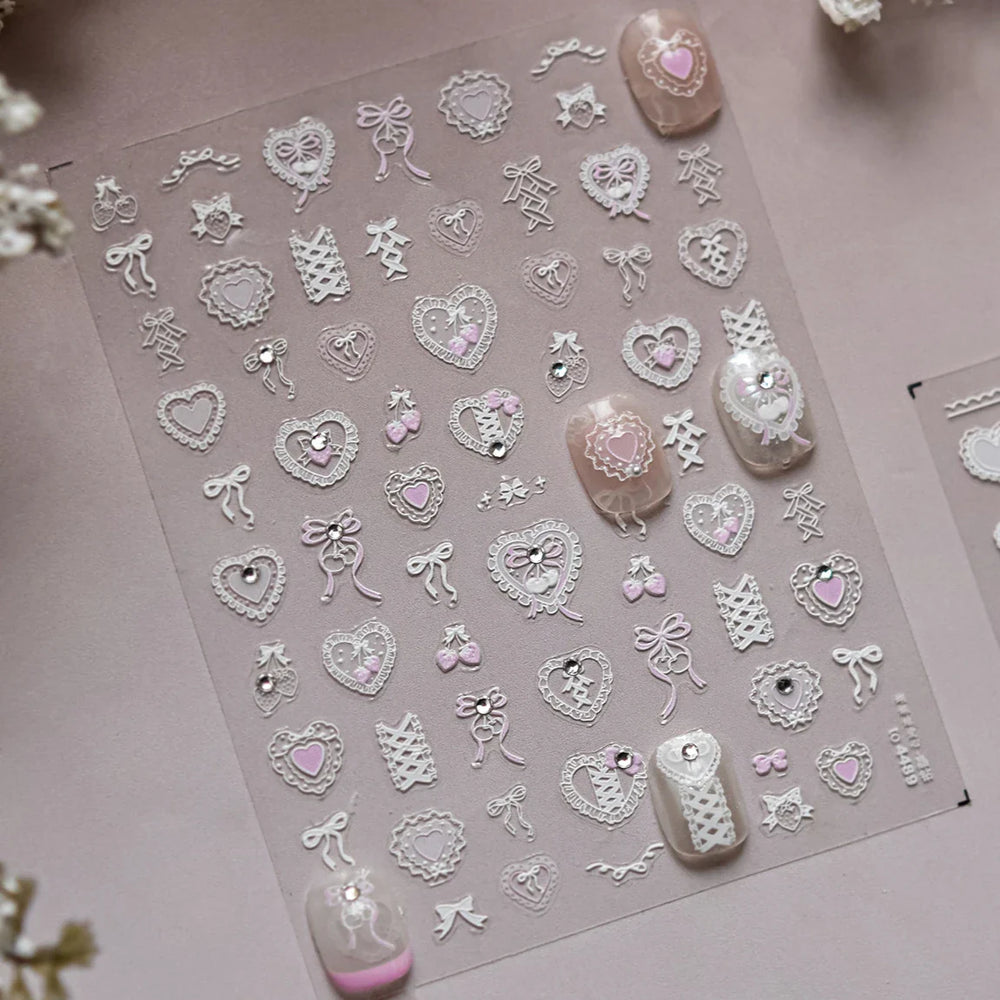 Lovely Heart Strawberry Cherry Bowknot Lace Lolita Crystal Rhinestone Line Rococo Chic Adhesive Nail Art Sticker Manicure Decals (ONLINE ORDER ONLY)