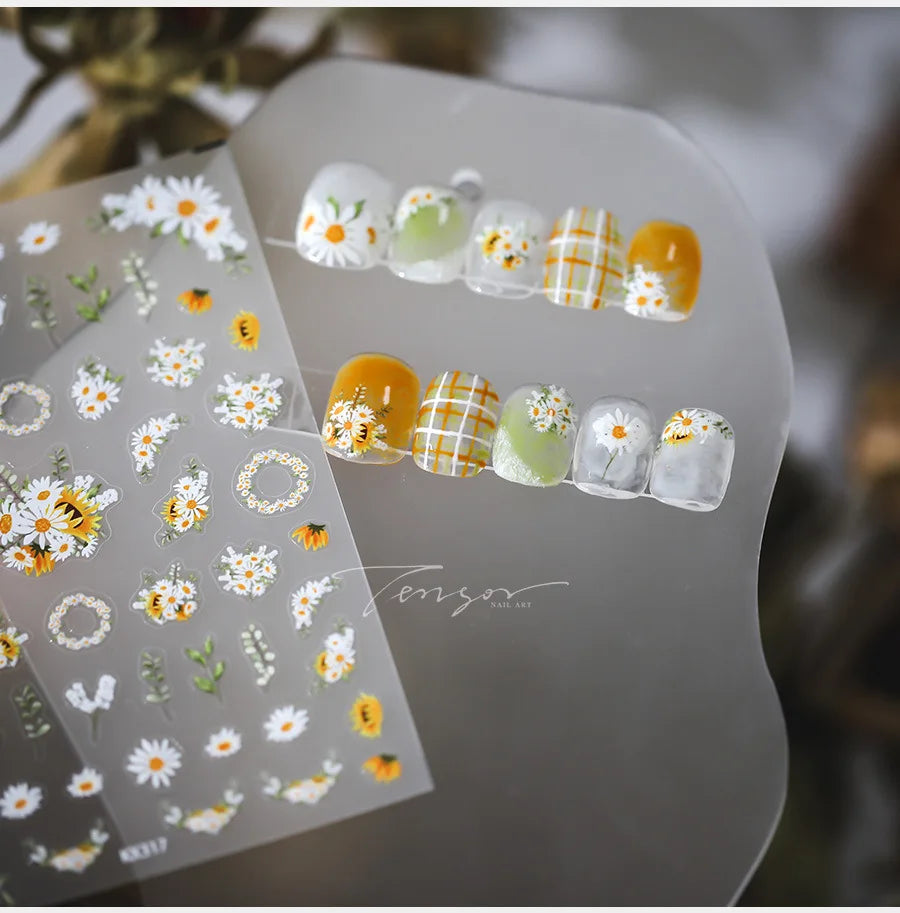 White Daisy Sunflower Green Leaves Wreath Garland Flower Cluster Bouquet Flat Adhesive Nail Art Sticker Manicure Decals Supplies (Online Order Only)