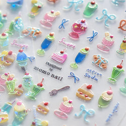 Colorful Food Pudding Alkali Water Bowknot Cream Fork Cup Bread Jelly Fruit Cartoon Cake Relief Nail Art Sticker Manicure Decals (ONLINE ORDER ONLY)