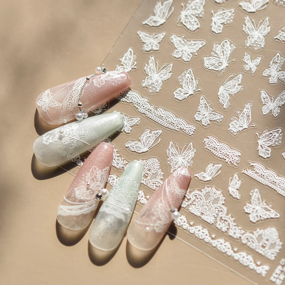 Lace Butterfly Hollow Out Fabric Romantic Flower Pattern Chic Adhesive Nail Art Sticker Rhinestone Manicure Decals Nail Supplies (ONLINE ORDER ONLY)
