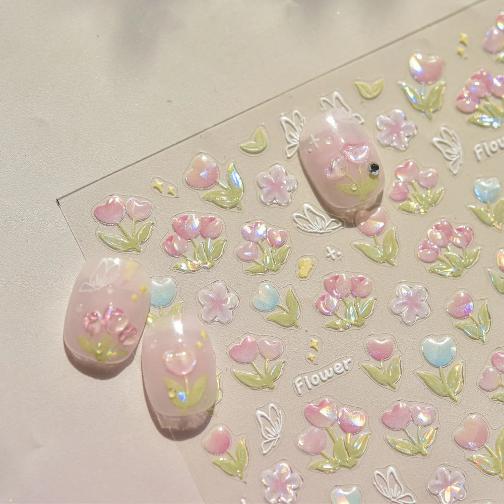Cute  Pink Blue Nature Tulip Star Heart Butterfly Peach Blossom Jelly Embossed Relief Adhesive Nail Art Stickers Manicure Decals (ONLINE ORDER ONLY)