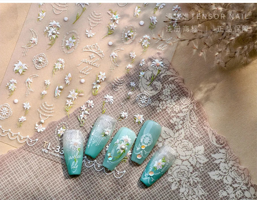 Spotless Lily Lilium Flowers Moon Pearl Crown Lily-white Pearl Necklace Pendant Self Adhesive Nail Art Stickers Manicure Decals (Online Order Only)