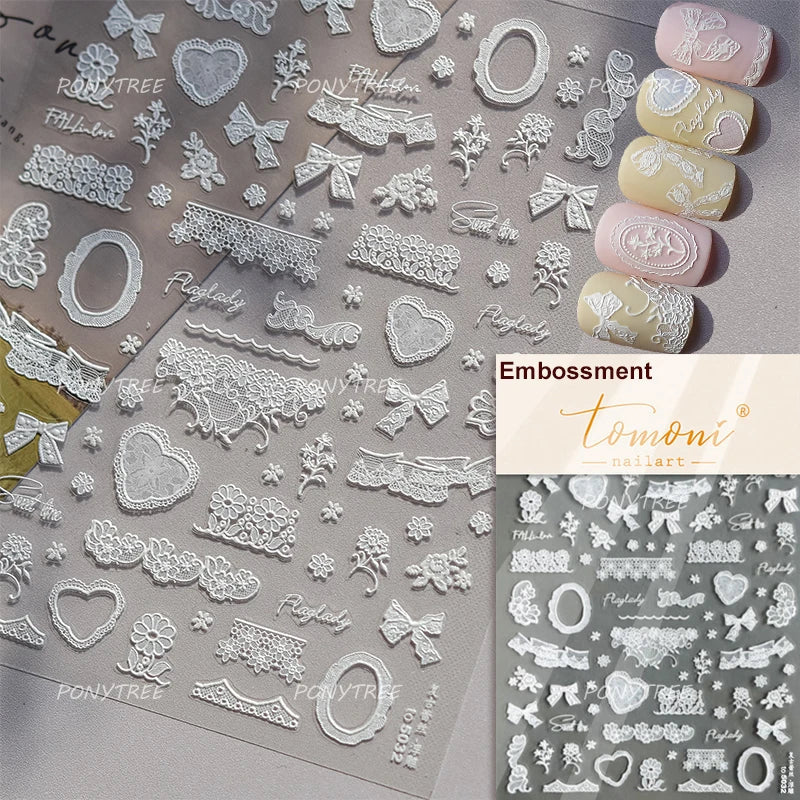 Retro Lace Gird Bowknot Love Heart Flower Leaves Fabric Art Photo Frame Embossed Self Adhesive Nail Art Stickers Manicure Decals (ONLINE ORDER ONLY)
