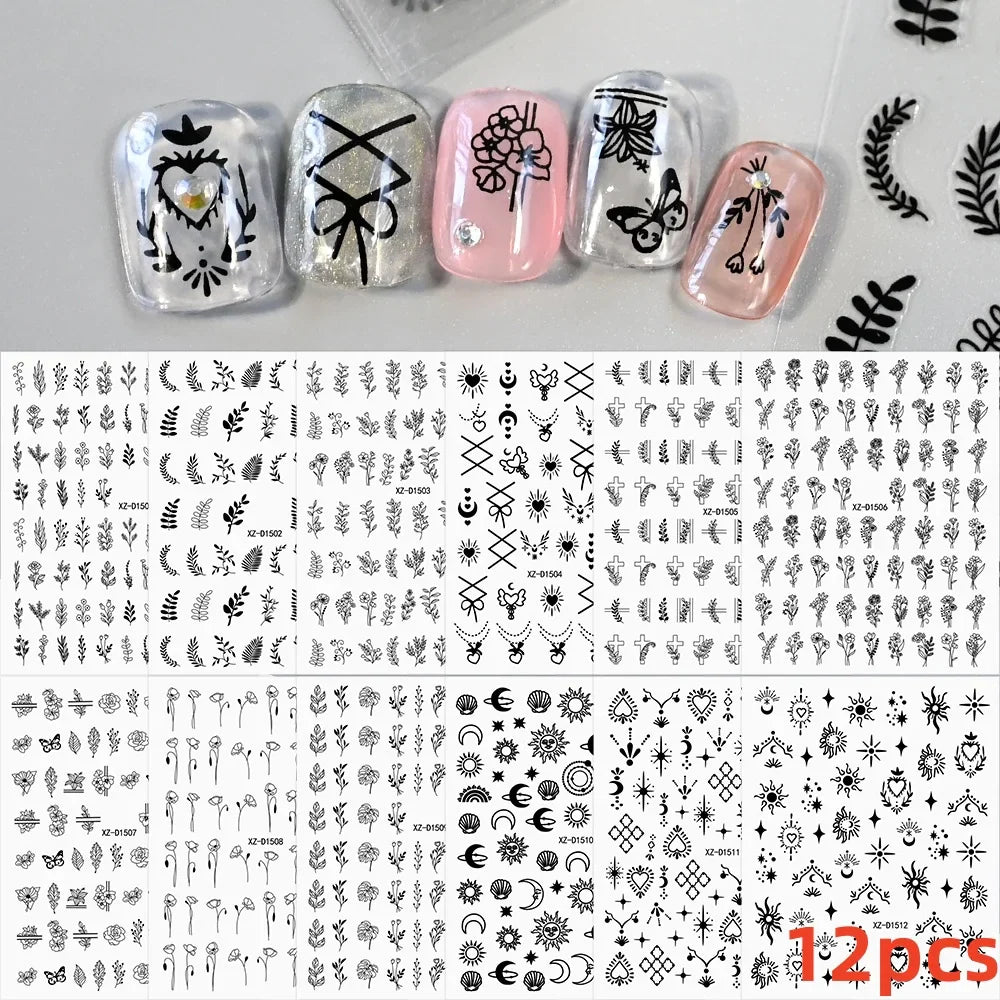 12PCS White Flowers Leaves 3D Nail Stickers Star/Moon/Sun Nail Art Decoration Decals Geometric Flower Stickers Nail Art Supplies (ONLINE ORDER ONLY)