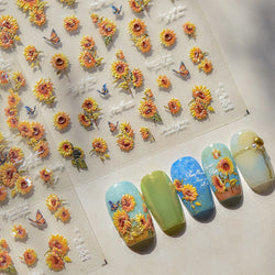 Embossed Shiny Vigor Sunflower Turnsole Vitality Butterfly Daisy Oil Painting Plant 5D Adhesive Nail Art Sticker Manicure Decals (ONLINE ORDER ONLY)