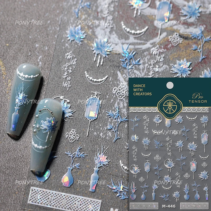 Orchid Daisy Chrysanthemum Peach Blossom Lotus Flower Vase Floral Art Fan Wintersweet Adhesive Nail Art Stickers Manicure Decals (Online Order Only)