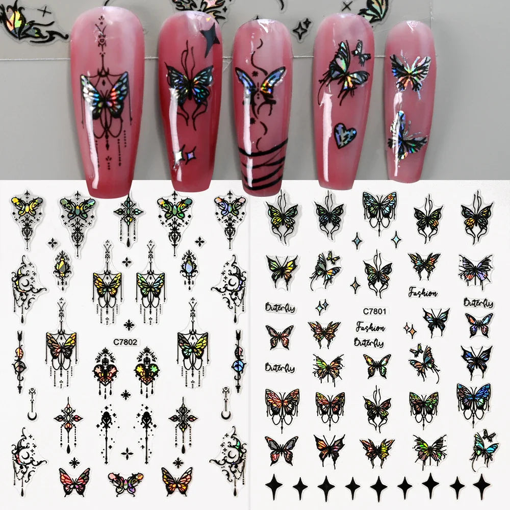 1pcs Butterfly Floral Nail Art Stickers Magic Shell Light Laser Black/White Nail Decoration Butterfly Slider Manicure Ornaments* (Online Order Only)