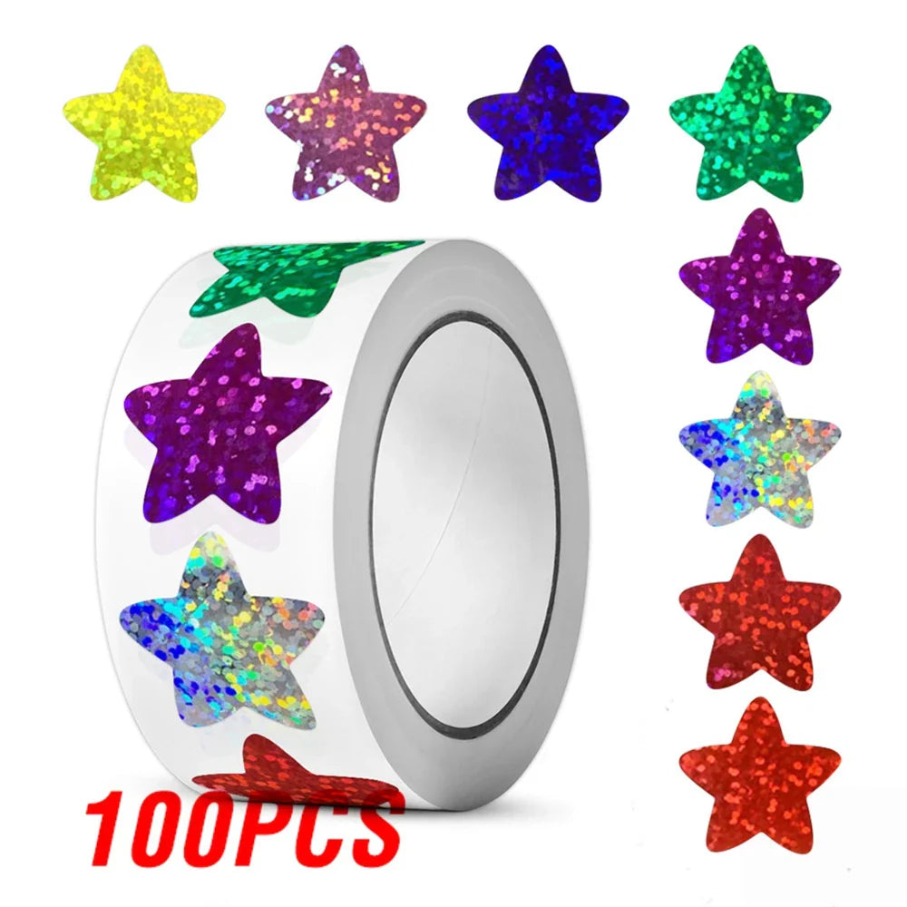 100-500pcs Holographic Star Reward Stickers Corlorful Adhesive Star Stickers Reward Chart Decorative Toy Gifts Sticker Labels (ONLINE ORDER ONLY)