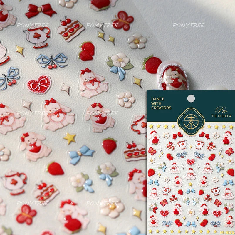 Cute Pink Tempting Strawberries Attractive Fruit Cutting Line Bowknot Star Silver Stamping Chic Nail Art Stickers Manicure Decal (ONLINE ORDER ONLY)