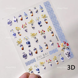 Orchid Daisy Chrysanthemum Peach Blossom Lotus Flower Vase Floral Art Fan Wintersweet Adhesive Nail Art Stickers Manicure Decals (Online Order Only)