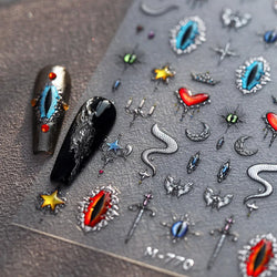 Glitter Star Snake Moon Darkness Eye Love Heart Crown Sword Self Adhesive Nail Art Stickers Punk Jelly Angel Wing Manicure Decal (ONLINE ORDER ONLY)