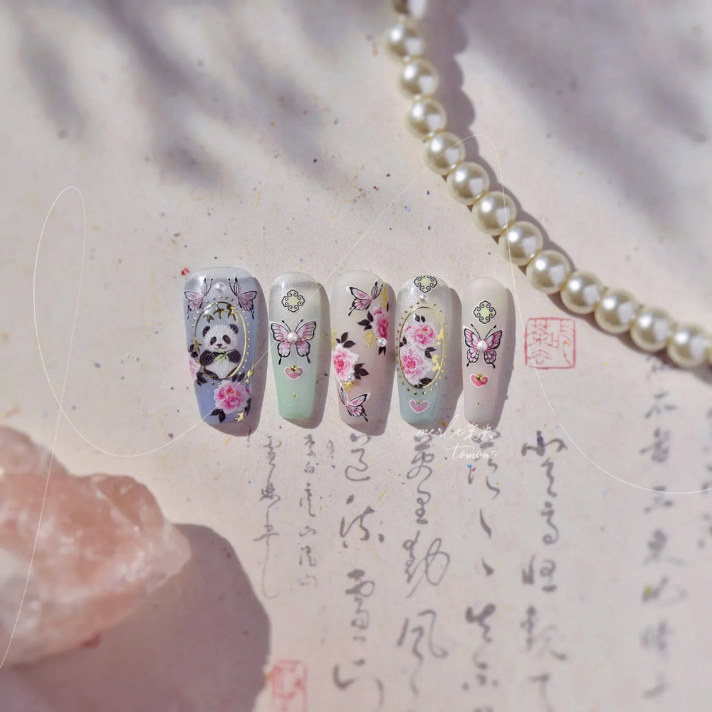 Panda Bamboo Butterfly Pattern Totem Figure Peony Flower Love Heart Adhesive Nail Art Stickers Embroidery Pearl Manicure Decals (ONLINE ORDER ONLY)