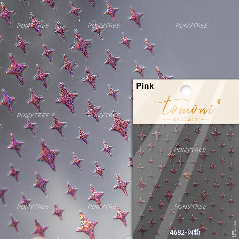 Irregular Stars Red Silver Five-pointed Star Meteor Shiny 5D Self Adhesive Nail Art Stickers Romantic Rhinestone Manicure Decals (ONLINE ORDER ONLY)