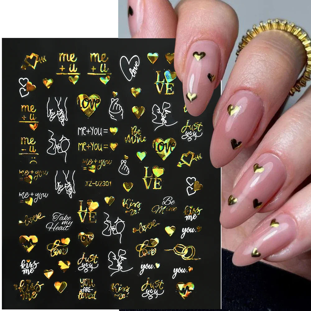 12pcs 3D Golden Glitter Heart Love Nail Stickers Valentine Self Adhesive Cute Cartoon Decal Geometry Slider Manicure Decoration* (ONLINE ORDER ONLY)