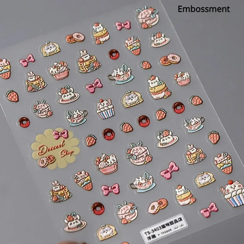 Colorful Food Pudding Alkali Water Bowknot Cream Fork Cup Bread Jelly Fruit Cartoon Cake Relief Nail Art Sticker Manicure Decals (ONLINE ORDER ONLY)