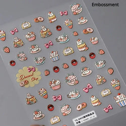 Colorful Food Pudding Alkali Water Bowknot Cream Fork Cup Bread Jelly Fruit Cartoon Cake Relief Nail Art Sticker Manicure Decals (ONLINE ORDER ONLY)