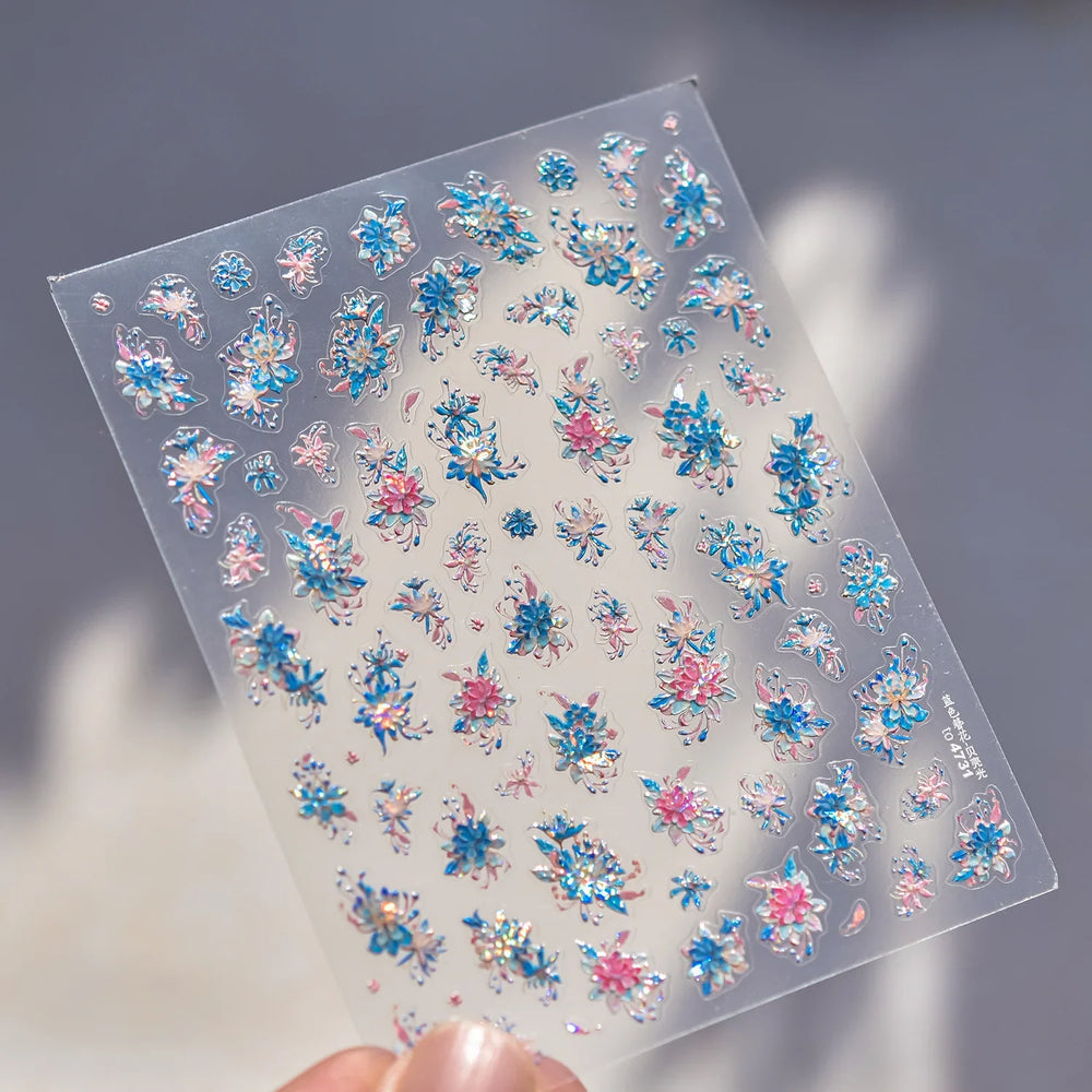 Delicate Shiny Pink Flower Blue Hairpin with Flower Decoration Self Adhesive Nail Art Stickers Pearl Rhinestone Manicure Decals (Online Order Only)