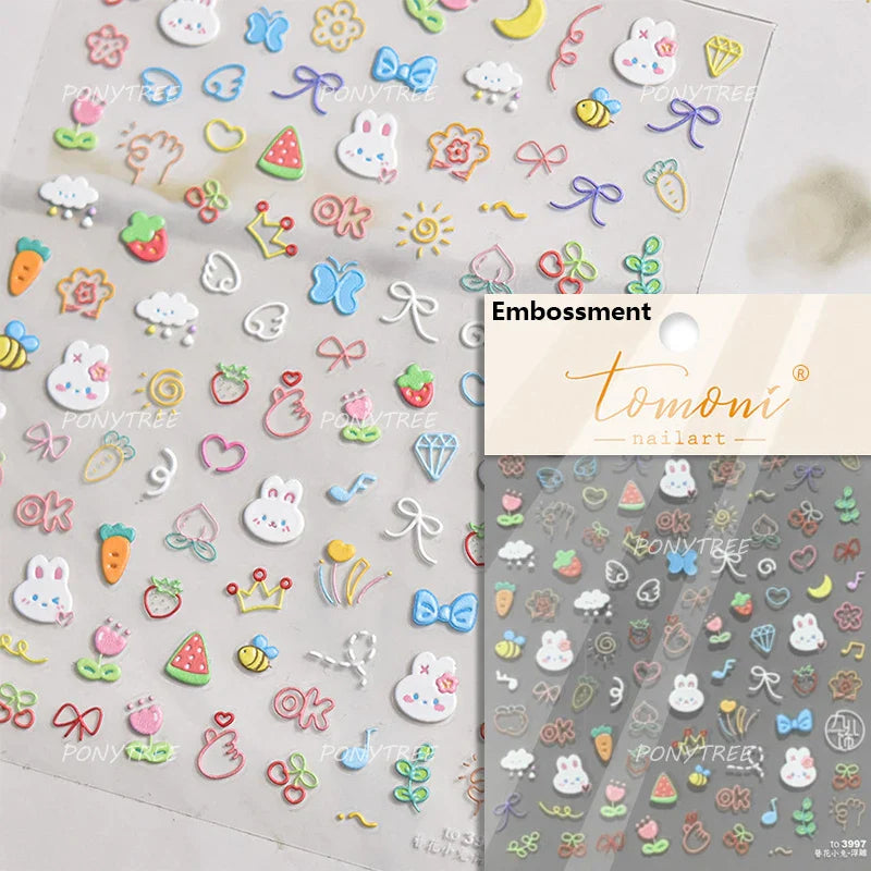 Cute Graffiti Cartoon Line Cherry Bear Cat Flower Bouquet Fish Boys Girls Strawberry Reliefs Nail Art Stickers Manicure Decals (ONLINE ORDER ONLY)