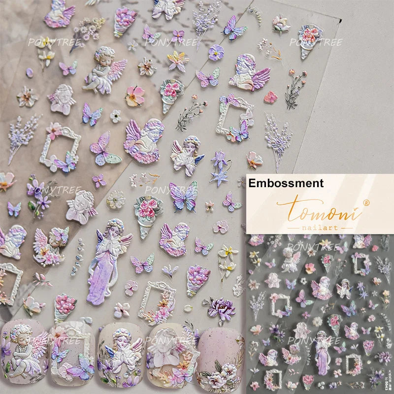 European Garden Angel Wing White Rose Flower Bed Vase Lace Bowknot Statue Adhesive Nail Art Decoration Sticker Manicure Decals (ONLINE ORDER ONLY)
