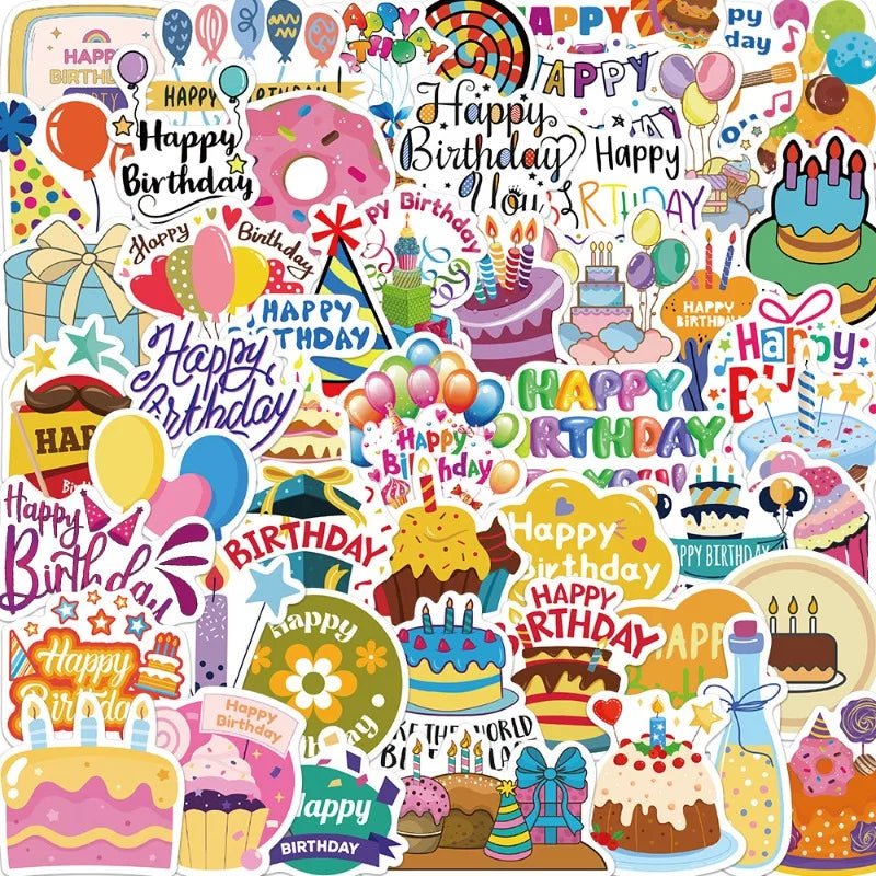 50pcs Birthday Graffiti Stickers for Laptop, Phone, Car, Scooter, Suitcase, Water Bottle, Stationery, Refrigerator Decoration (Online Order Only)