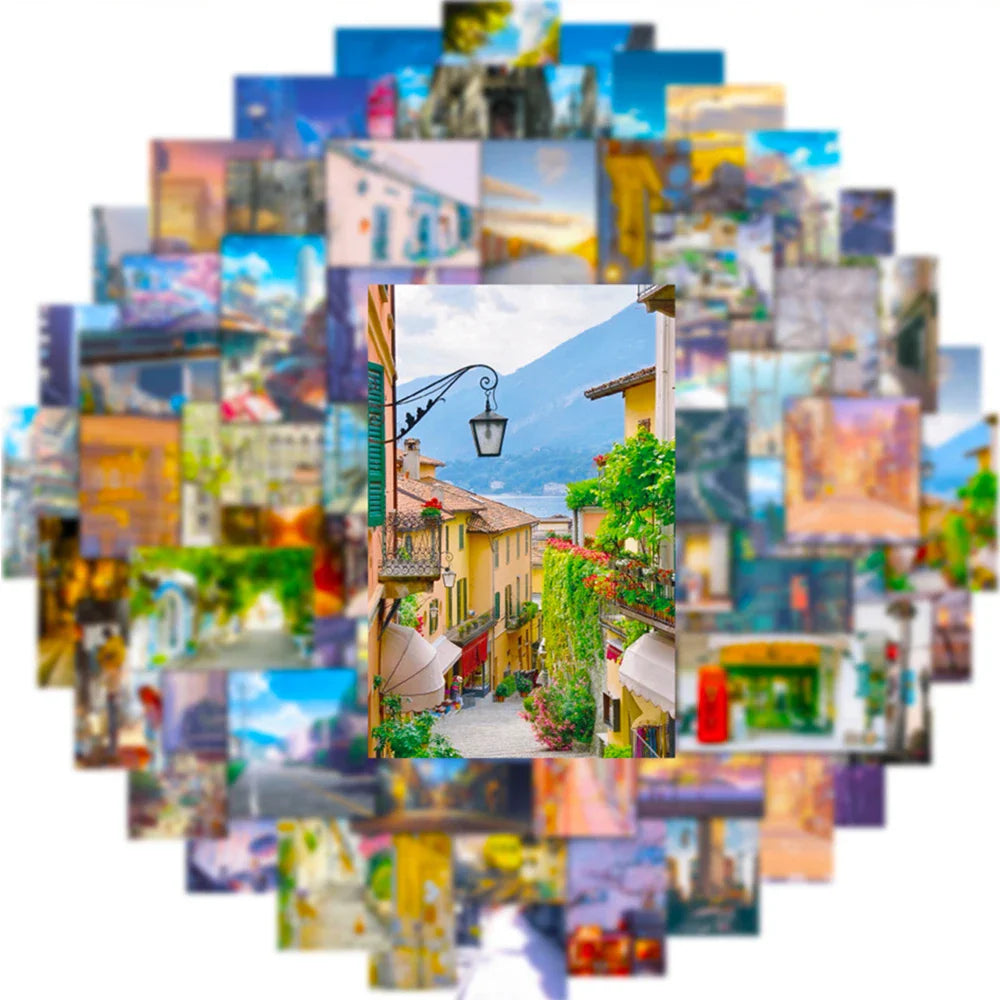 10/30/50PCS Cartoon View Street Landscape Stickers Aesthetic PVC Waterproof Decals Luggage Guitar Skateboard Sticker Decals Toys (ONLINE ORDER ONLY)