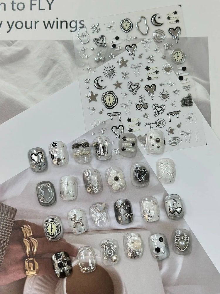 Silver Star Moon Clock Watch Cherry Love Heart Bowknot Gird Irregular Lines Dot Liquid Lava Nail Art Stickers Manicure Decals (ONLINE ORDER ONLY)