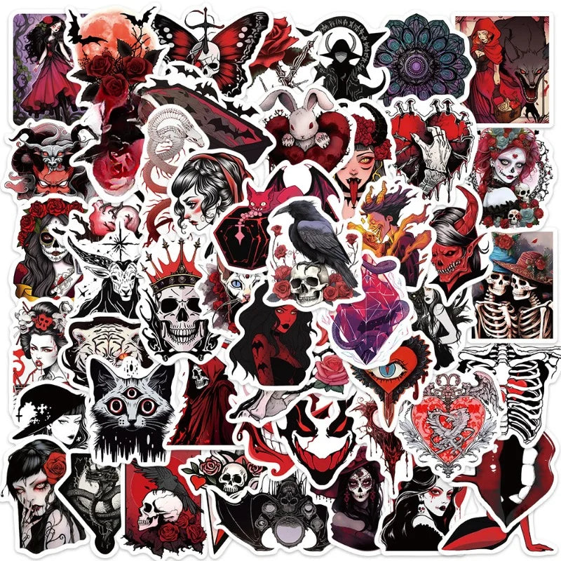 10/25/50pcs Red Gothic Horror Skeleton and Scary Devil Demons Sticker Packs (ONLINE ORDER ONLY)