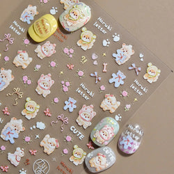 Spring Dog Bear Toy Rose Flower Floral Print Letter Bone Butterfly Cat Puppy Relief Adhesive Nail Art Stickers Manicure Decals (Online Order Only)