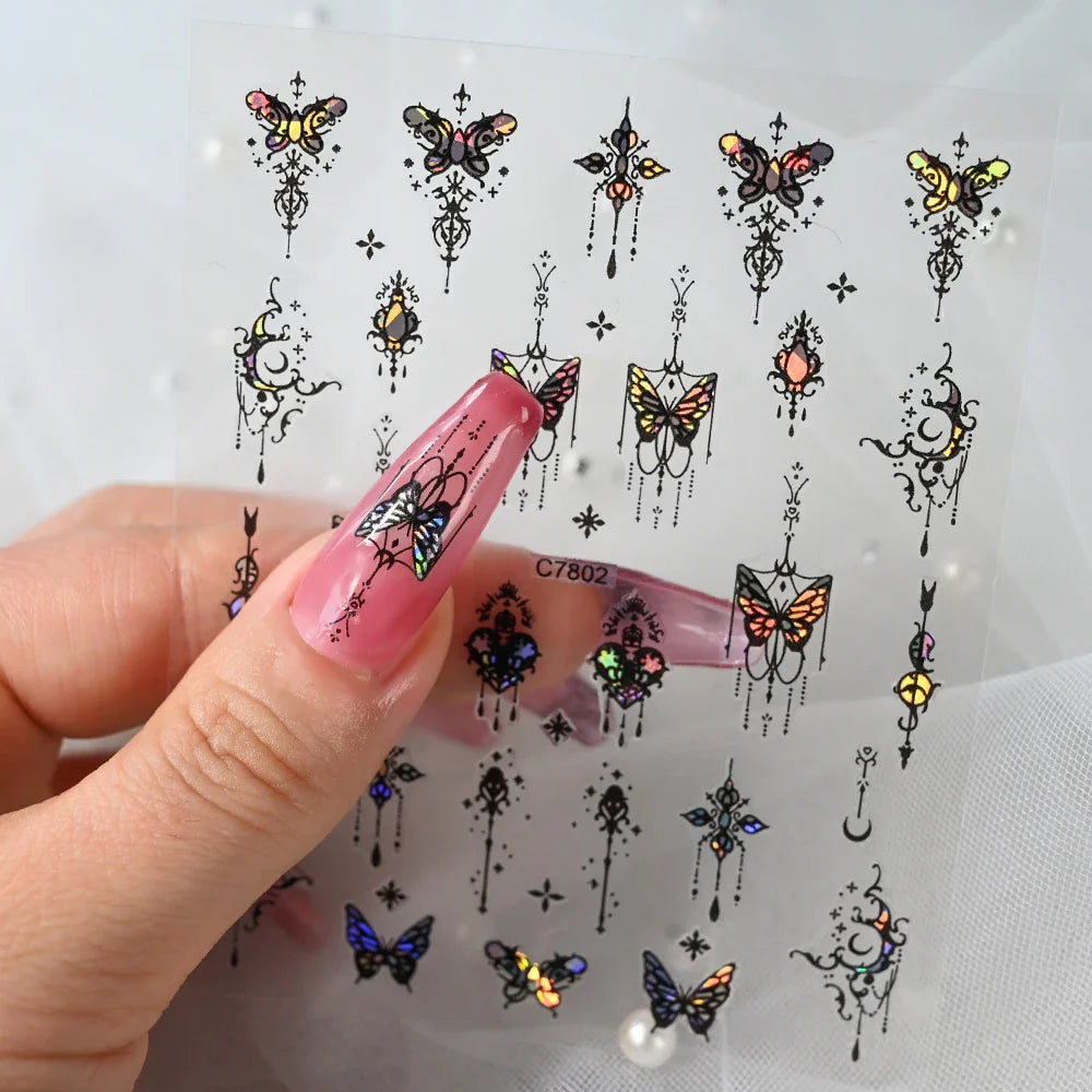 1pcs Butterfly Floral Nail Art Stickers Magic Shell Light Laser Black/White Nail Decoration Butterfly Slider Manicure Ornaments* (Online Order Only)
