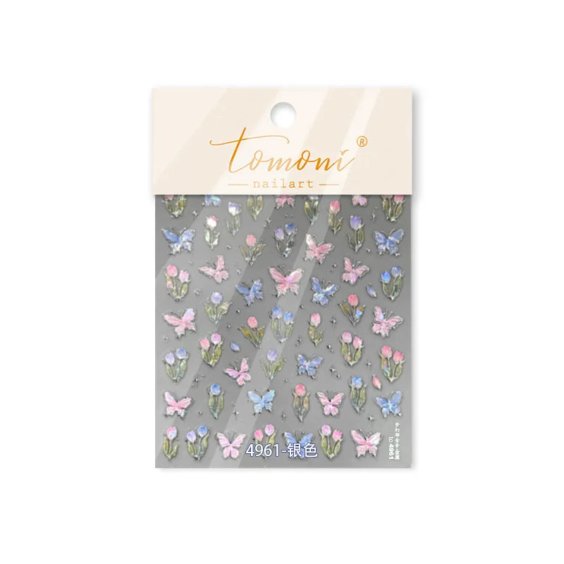Delicate Dreamy Petal Star Tulip Flower Purple Bowknot Butterfly Illusion Chic Relief Adhesive Nail Art Stickers Manicure Decals (Online Order Only)