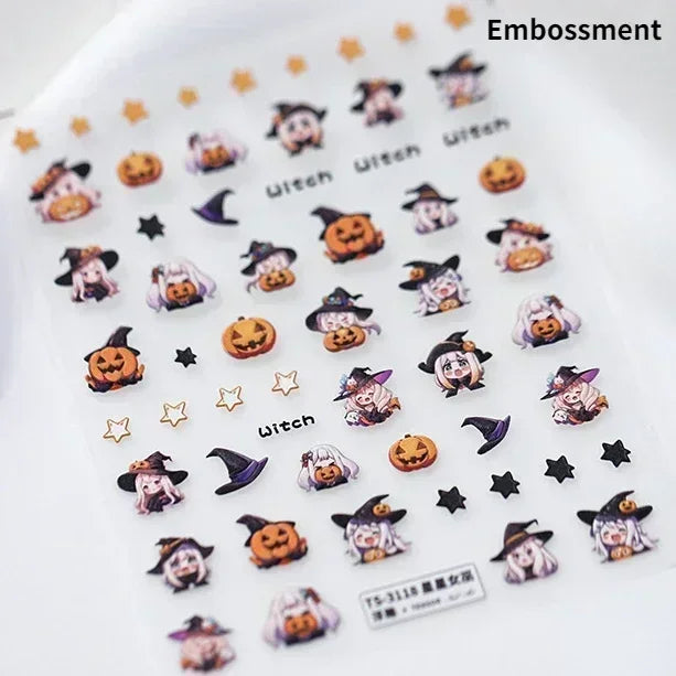 Cat Eye Halloween Terror Spider Cross Rose Love Heart Flower Snake Web Candy Bunny Thrilling Nail Art Stickers Manicure Decals (Online Order Only)