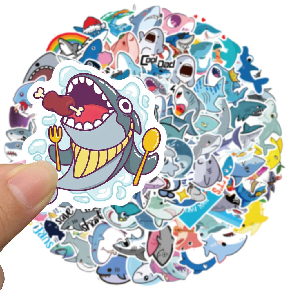 50/100pcs Cute Cartoon Animals Sharks Stickers For Laptop Water Bottle Fridge Waterproof Graffiti Skateboard Car Decals (ONLINE ORDER ONLY)