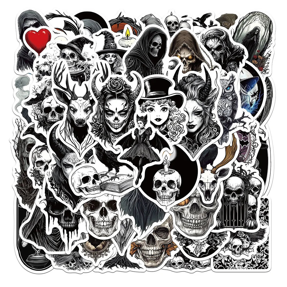 Black White Gothic Skull Stickers 10/30/50pcs Waterproof for Kids Toys Skateboard Laptop Motorcycle Phone (Online Order Only)