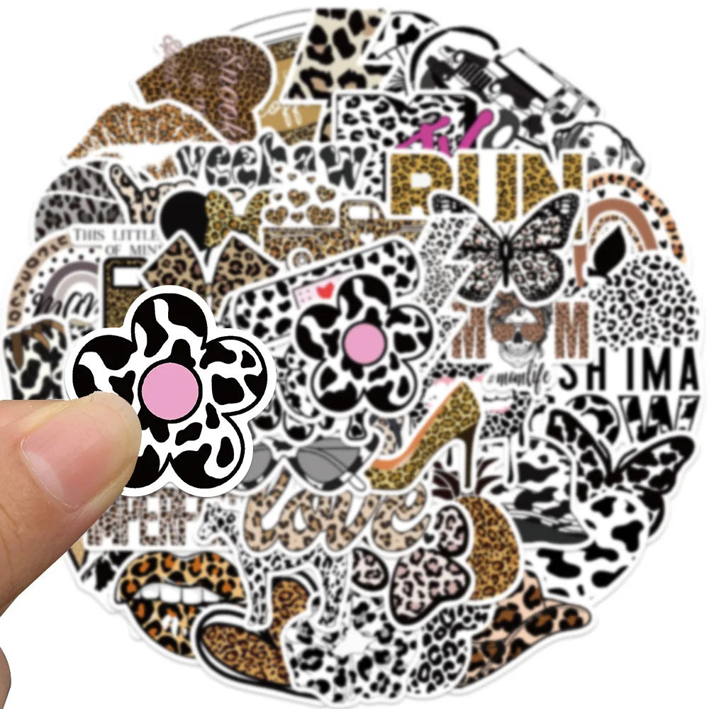 50Pcs Fashion Sexy Leopard Print Animal Sticker Irregular Phone Computer Luggage Motorcycle Helmet Decorative Sticker Decal (Online Order Only)