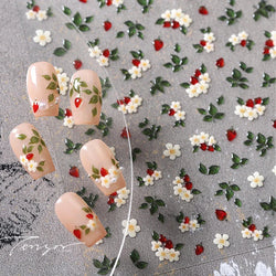 Delicate Chic White Flower Jelly Green Leaves Red Fruits Lily Gardenia Self Adhesive Nail Art Stickers Rhinestone Manicure Decal (Online Order Only)