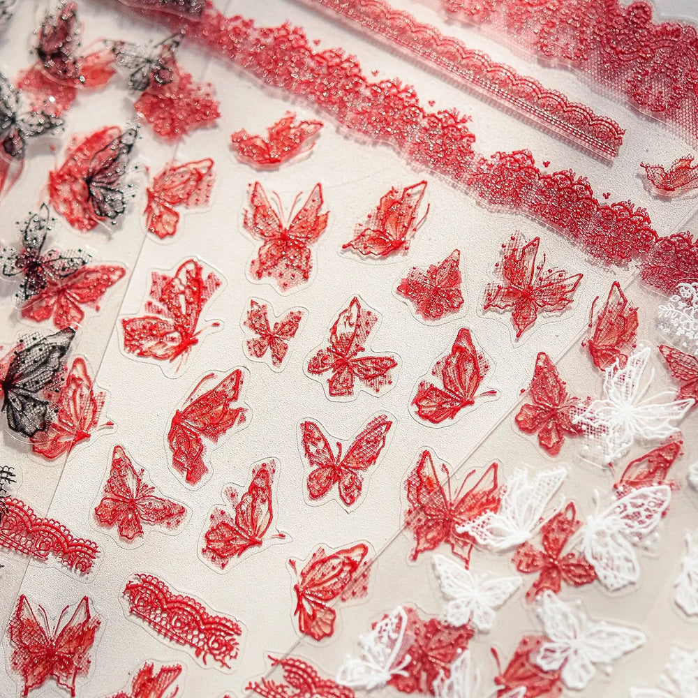 Lace Butterfly Hollow Out Fabric Romantic Flower Pattern Chic Adhesive Nail Art Sticker Rhinestone Manicure Decals Nail Supplies (ONLINE ORDER ONLY)