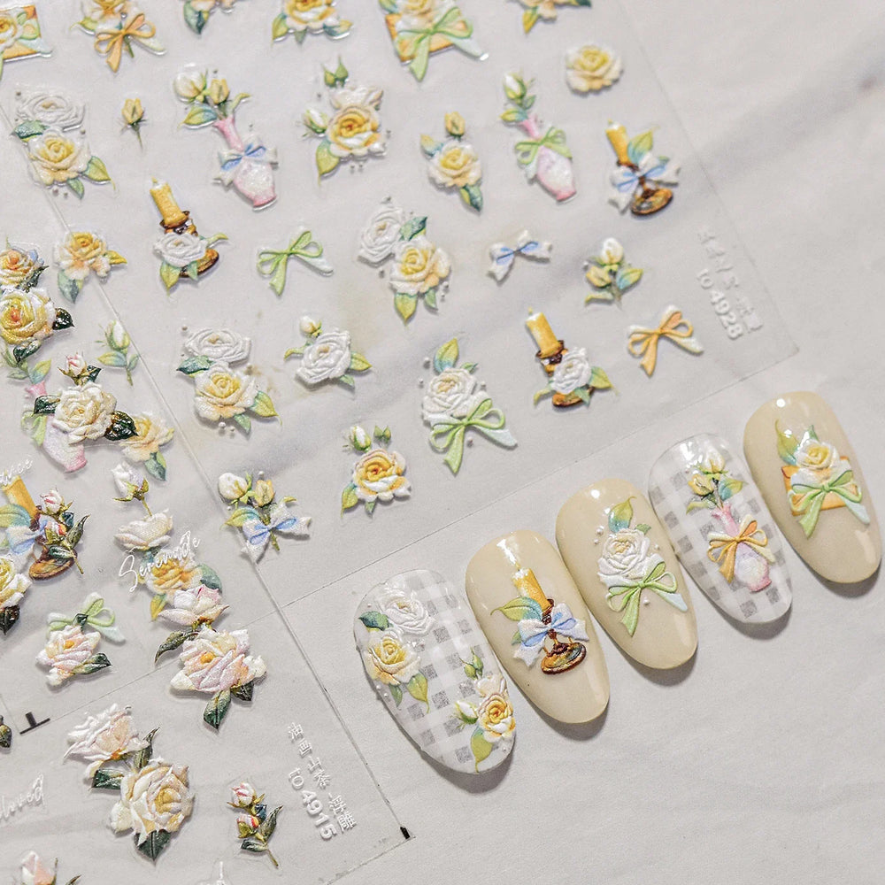 Oil Painting Style Rose Camellia Flower Vase Romantic Candle Holder Bowknot Embossed Adhesive Nail Art Stickers Manicure Decals (ONLINE ORDER ONLY)