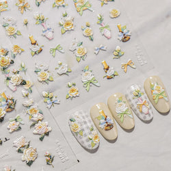 Oil Painting Style Rose Camellia Flower Vase Romantic Candle Holder Bowknot Embossed Adhesive Nail Art Stickers Manicure Decals (ONLINE ORDER ONLY)