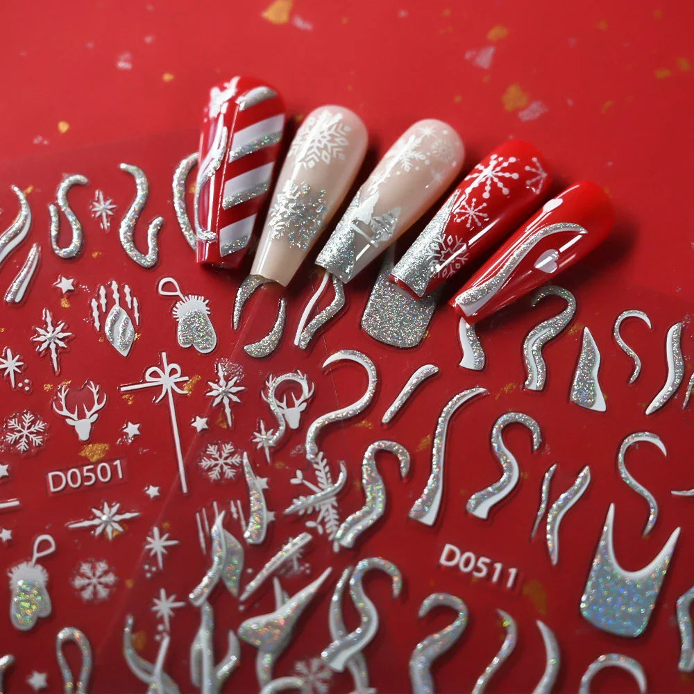 1pc Christmas Nail Sticker 3D Gold Glitter Snowflake Elk Penguin Bells Design Adhesive Nail Slider Decals Winter Manicure Decor* (Online Order Only)