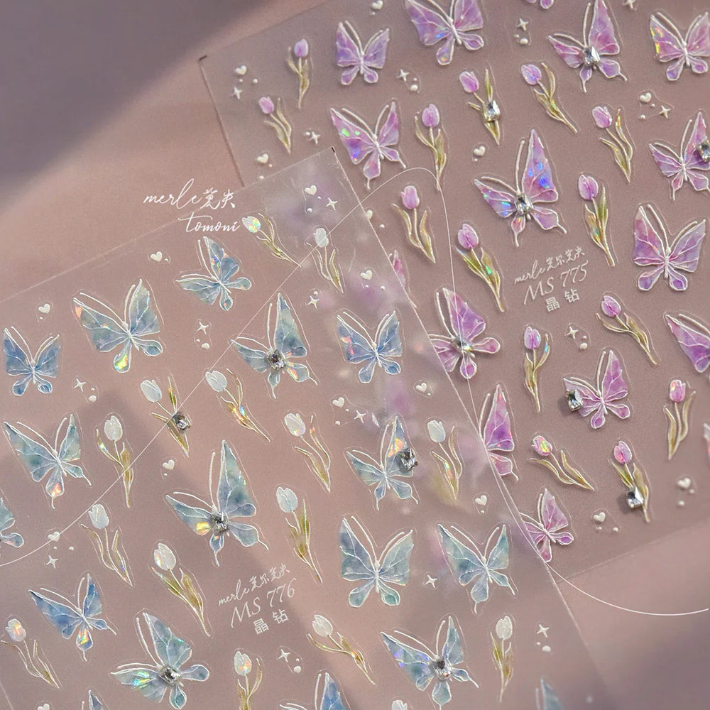 Blue Purple Tulip Flower Butterfly Garden Blossom Floral Charming Delicate 5D Relief Adhesive Nail Art Stickers Manicure Decals (ONLINE ORDER ONLY)