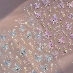 Blue Purple Tulip Flower Butterfly Garden Blossom Floral Charming Delicate 5D Relief Adhesive Nail Art Stickers Manicure Decals (ONLINE ORDER ONLY)