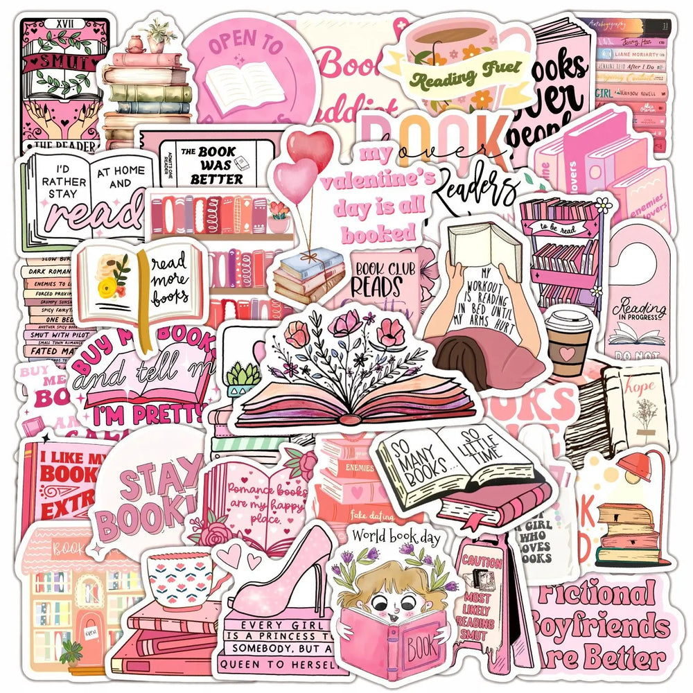 Cute Pink Bookish Cartoon Stickers for Phone Laptop Luggage Skateboard - 10/30/50PCS (ONLINE ORDER ONLY)